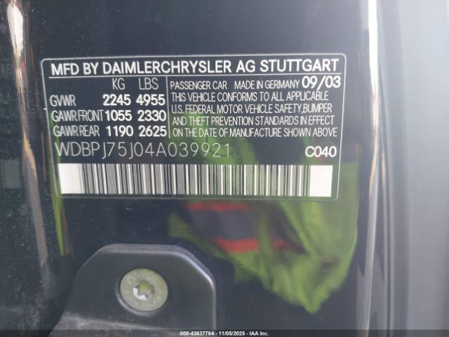 2004 MERCEDES-BENZ CL 500 WDBPJ75J04A039921 Photo 8