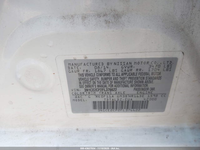 Продажа на аукционе авто 2015 Nissan Versa Note S (sr)/s Plus/sl/sr/sv, vin: 3N1CE2CP2FL376622, номер лота: 43637834