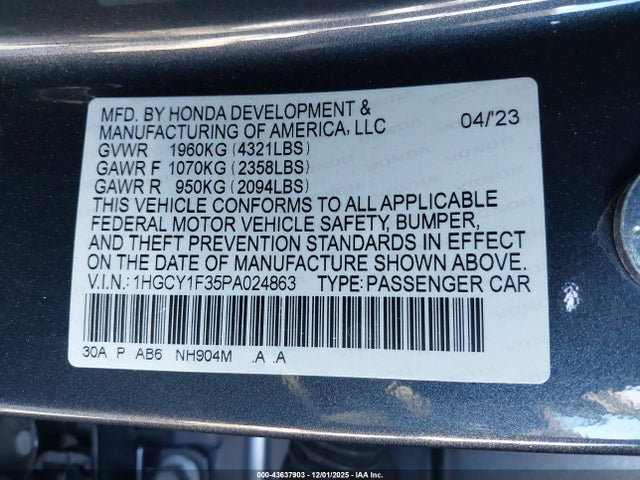 Продаж на аукціоні авто 2023 Honda Accord Ex, vin: 1HGCY1F35PA024863, номер лоту: 43637903