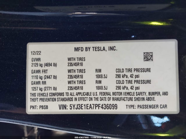 Aukcja sprzedaży 2023 Tesla Model 3 Rear-wheel Drive, vin: 5YJ3E1EA7PF436099, numer aukcji: 43637955