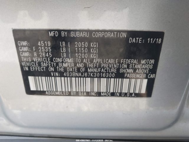 2019 SUBARU LEGACY 4S3BNAJ67K3016300 Photo 8