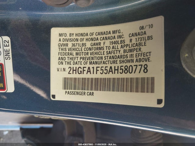 Продаж на аукціоні авто 2010 Honda Civic Lx, vin: 2HGFA1F55AH580778, номер лоту: 43637993