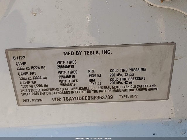 Aukcja sprzedaży 2022 Tesla Model Y Long Range Dual Motor All-wheel Drive, vin: 7SAYGDEE0NF363789, numer aukcji: 43637995