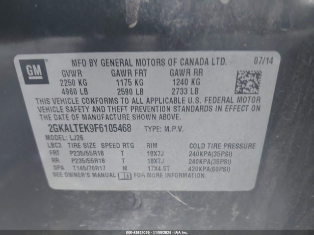 Aukcja sprzedaży 2015 Gmc Terrain Slt-2, vin: 2GKALTEK9F6105468, numer aukcji: 43638059