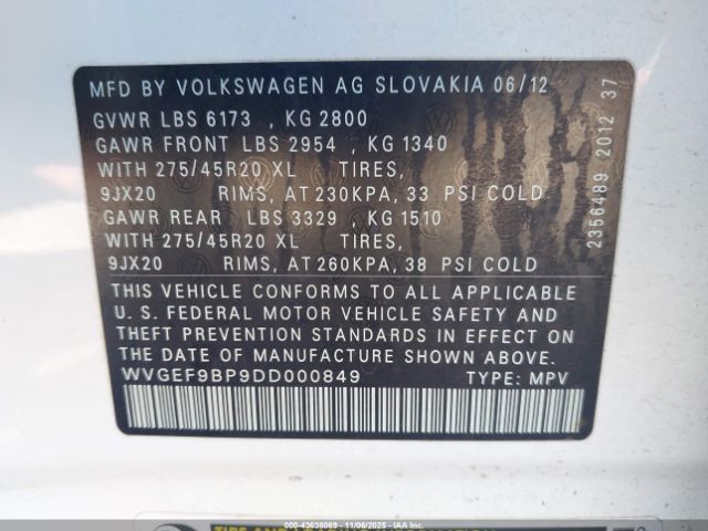 2013 VOLKSWAGEN TOUAREG WVGEF9BP9DD000849 Photo 8