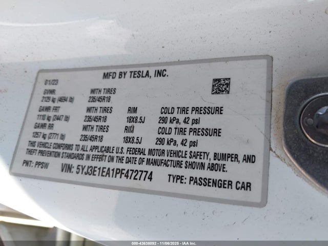 5YJ3E1EA1PF472774 Tesla Model 3 Rear-wheel Drive