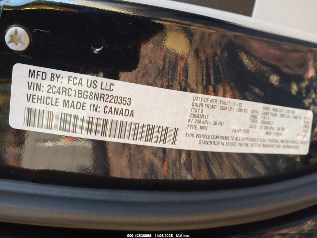 2022 Chrysler Pacifica Touring L მანქანა იყიდება აუქციონზე, vin: 2C4RC1BG8NR220353, აუქციონის ნომერი: 43638095