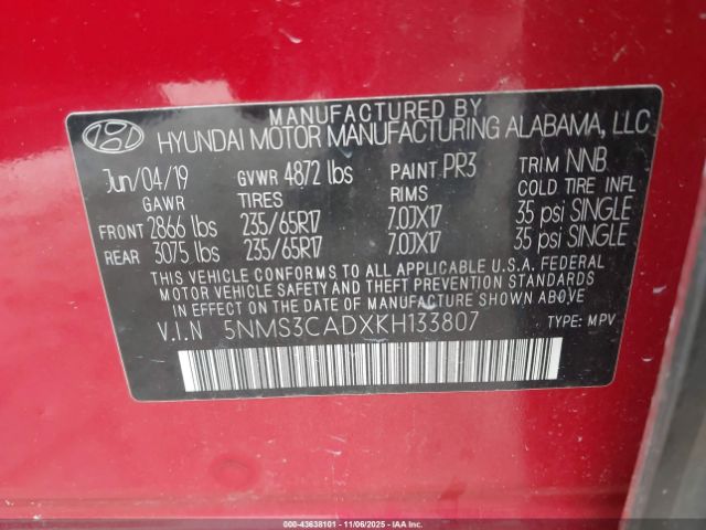 2019 HYUNDAI SANTA FE 5NMS3CADXKH133807 Photo 8