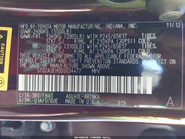 2013 TOYOTA HIGHLANDER 5TDZA3EH0DS034477 Photo 8