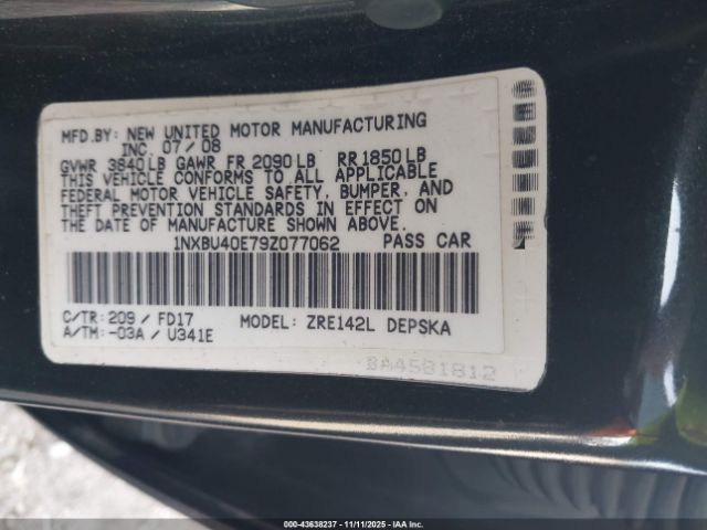 2009 TOYOTA COROLLA 1NXBU40E79Z077062 Photo 8