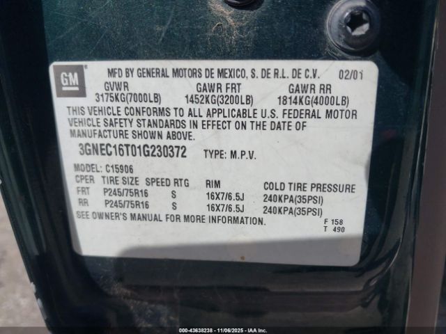 2001 CHEVROLET SUBURBAN 1500 3GNEC16T01G230372 Photo 8