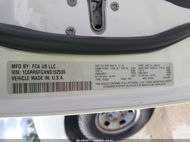 43638271 :رقم المزاد ، 1C6RR6FGXNS152536 vin ، 2022 Ram 1500 Classic Tradesman  4x2 6'4 Box مزاد بيع