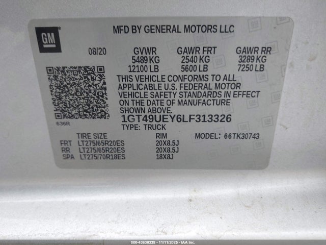 43638338 :رقم المزاد ، 1GT49UEY6LF313326 vin ، 2020 Gmc Sierra 3500hd 4wd  Standard Bed Slt مزاد بيع