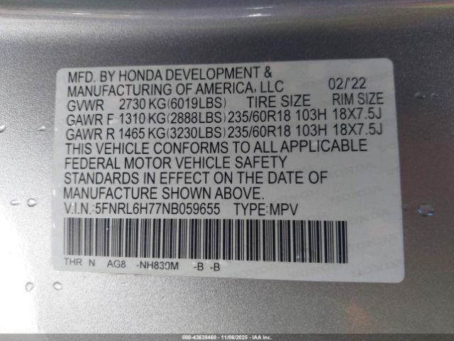 2022 HONDA ODYSSEY 5FNRL6H77NB059655 Photo 8