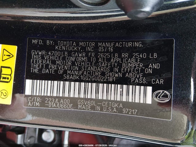 2016 Lexus Es 350 მანქანა იყიდება აუქციონზე, vin: 58ABK1GG2GU022181, აუქციონის ნომერი: 43638496