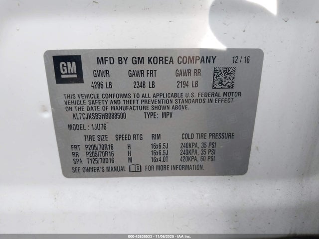 Продажа на аукционе авто 2017 Chevrolet Trax Ls, vin: KL7CJKSB5HB088500, номер лота: 43638533