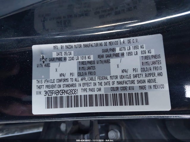 43638552 :رقم المزاد ، 3MZBPABM3RM428081 vin ، 2024 Mazda Mazda3 2.5 S Select Sport مزاد بيع