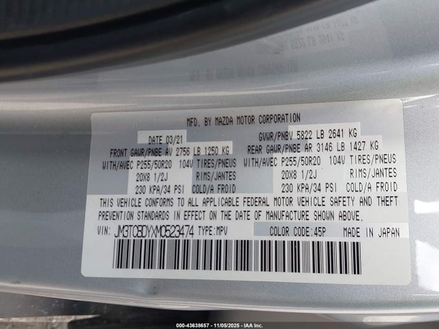 Продаж на аукціоні авто 2021 Mazda Cx-9 Grand Touring, vin: JM3TCBDYXM0523474, номер лоту: 43638657