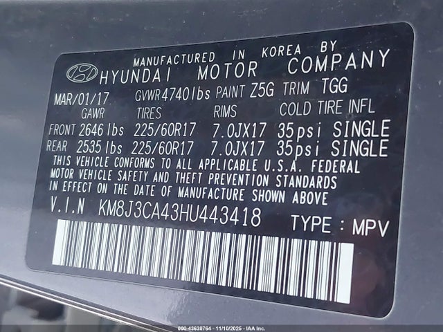 Aukcja sprzedaży 2017 Hyundai Tucson Se, vin: KM8J3CA43HU443418, numer aukcji: 43638764