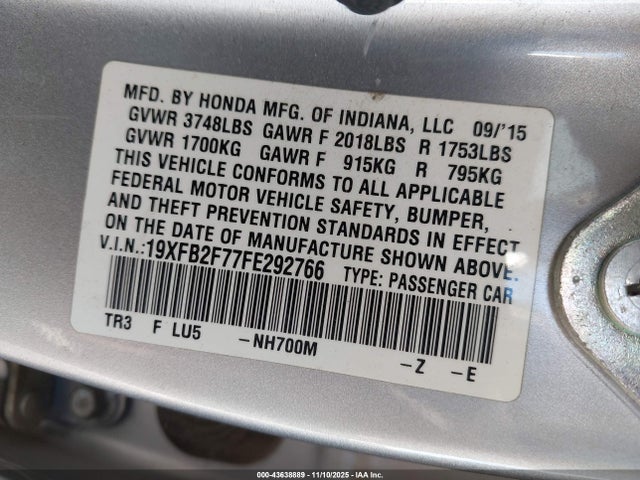 2015 Honda Civic Se მანქანა იყიდება აუქციონზე, vin: 19XFB2F77FE292766, აუქციონის ნომერი: 43638889