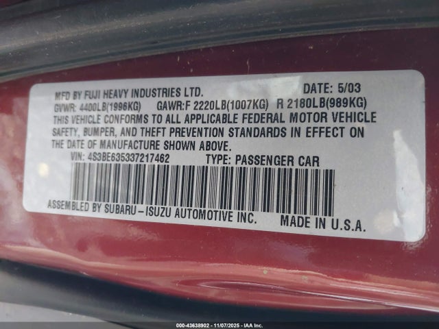 Aukcja sprzedaży 2003 Subaru Legacy L/l W/special Edition Package, vin: 4S3BE635337217462, numer aukcji: 43638902