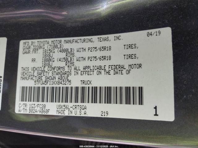 2019 TOYOTA TUNDRA 5TFUW5F11KX843275 Photo 8