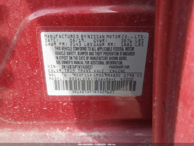 Продаж на аукціоні авто 2019 Nissan Sentra Sv, vin: 3N1AB7AP7KY409627, номер лоту: 43638995