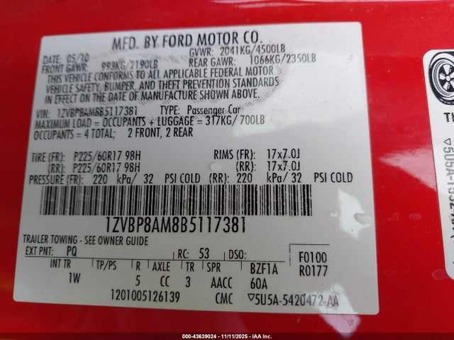 2011 FORD MUSTANG 1ZVBP8AM8B5117381 Photo 8