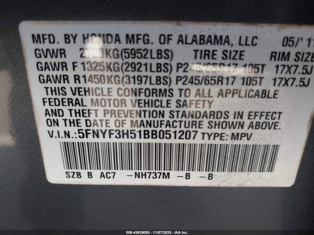 43639085 :رقم المزاد ، 5FNYF3H51BB051207 vin ، 2011 Honda Pilot Ex-l مزاد بيع