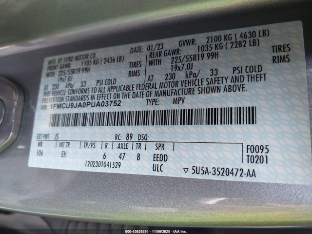 Продаж на аукціоні авто 2023 Ford Escape Platinum, vin: 1FMCU9JA0PUA03752, номер лоту: 43639291