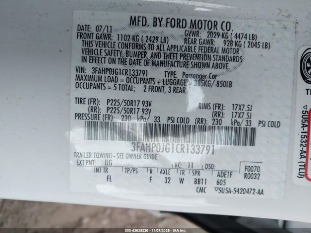 2012 FORD FUSION 3FAHP0JG1CR133791 Photo 8
