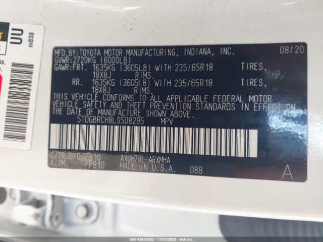 2020 TOYOTA HIGHLANDER 5TDGBRCH8LS508295 Photo 8