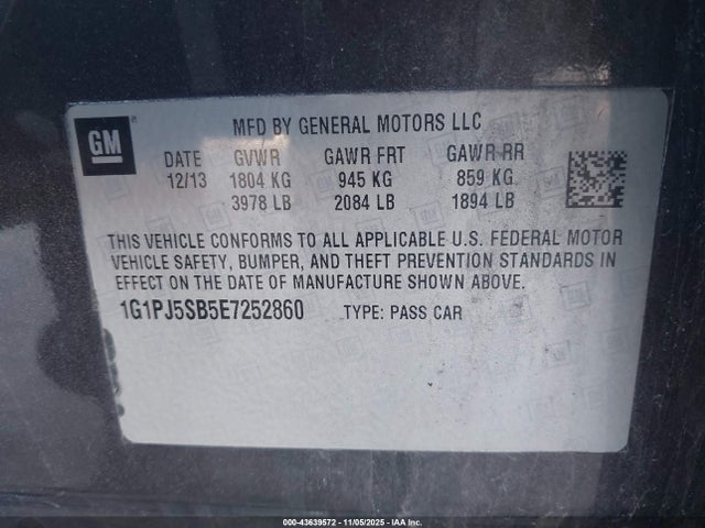 Aukcja sprzedaży 2014 Chevrolet Cruze Eco Manual, vin: 1G1PJ5SB5E7252860, numer aukcji: 43639572