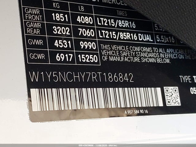Aukcja sprzedaży 2024 Mercedes-benz Sprinter 3500 High Roof 4-cyl Diesel Ho, vin: W1Y5NCHY7RT186842, numer aukcji: 43639666