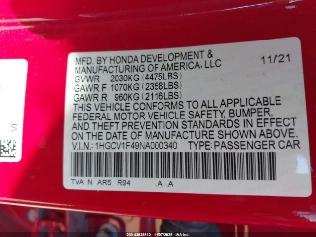 2022 HONDA ACCORD 1HGCV1F49NA000340 Photo 8