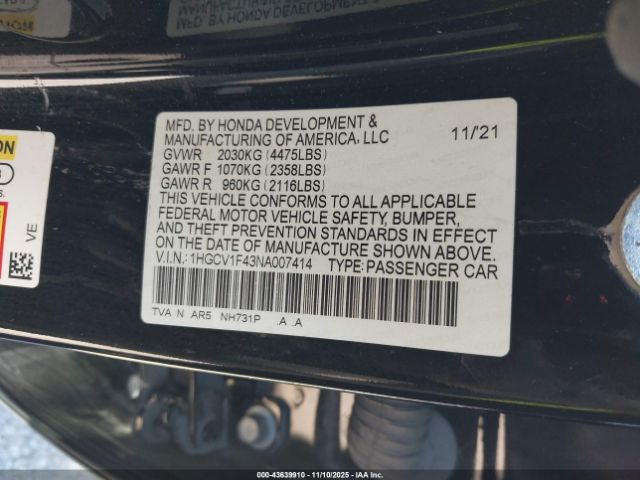 2022 HONDA ACCORD 1HGCV1F43NA007414 Photo 8