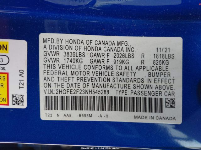 2022 HONDA CIVIC 2HGFE2F23NH545288 Photo 8
