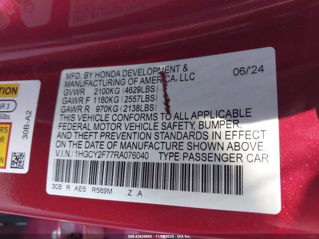 1HGCY2F77RA076040 Honda Accord Hybrid Sport-l