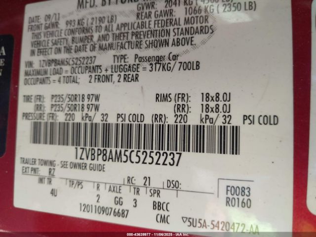 2012 FORD MUSTANG 1ZVBP8AM5C5252237 Photo 8