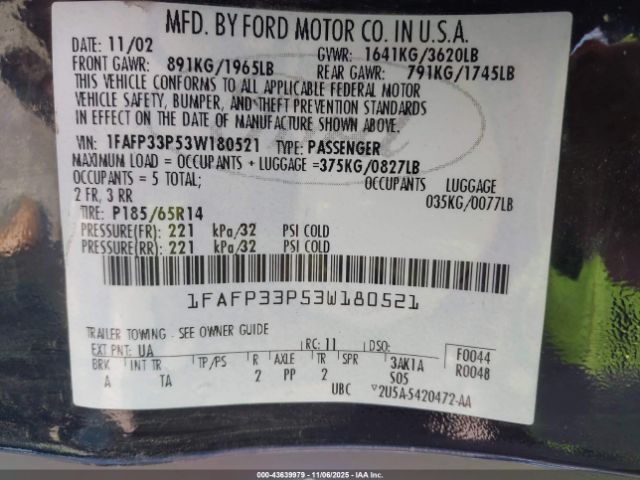 2003 FORD FOCUS 1FAFP33P53W180521 Photo 8