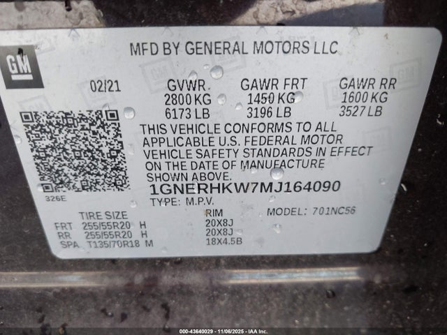 1GNERHKW7MJ164090 Chevrolet Traverse Fwd Lt Leather