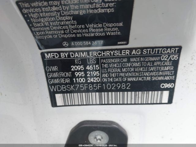 2005 MERCEDES-BENZ SL 500 WDBSK75F85F102982 Photo 8