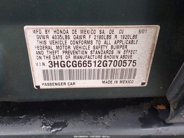 2002 HONDA ACCORD SDN 3HGCG66512G700575 Photo 8