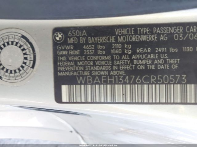 2006 BMW 650I WBAEH13476CR50573 Photo 8
