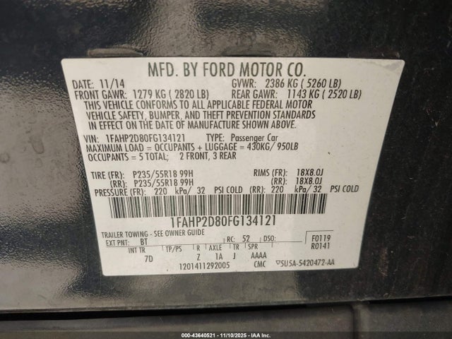 1FAHP2D80FG134121 Ford TAURUS SE