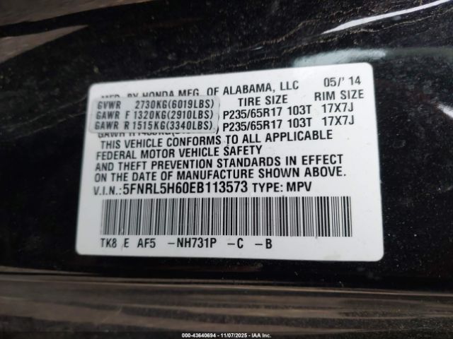 2014 HONDA ODYSSEY 5FNRL5H60EB113573 Photo 8