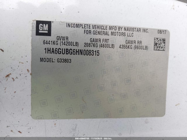 43640705 :رقم المزاد ، 1HA6GUBG6HN008315 vin ، 2017 Chevrolet Express Cutaway 4500 Series مزاد بيع