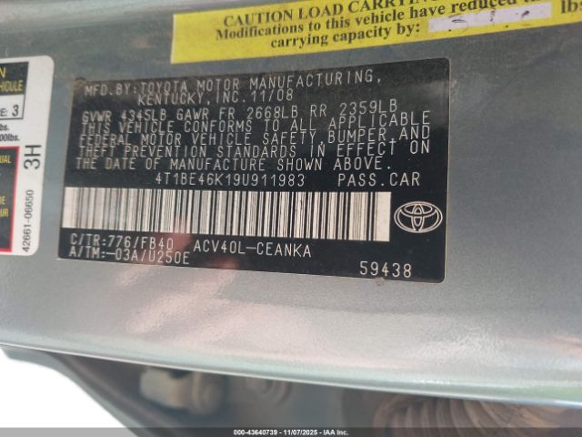 2009 TOYOTA CAMRY 4T1BE46K19U911983 Photo 8