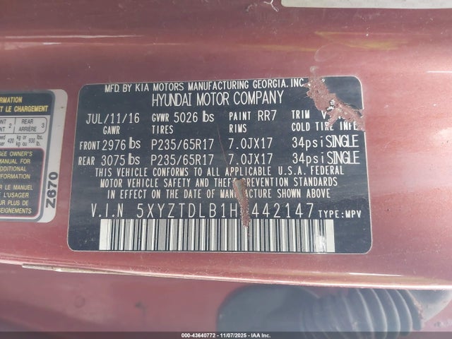 5XYZTDLB1HG442147 Hyundai Santa Fe Sport 2.4l