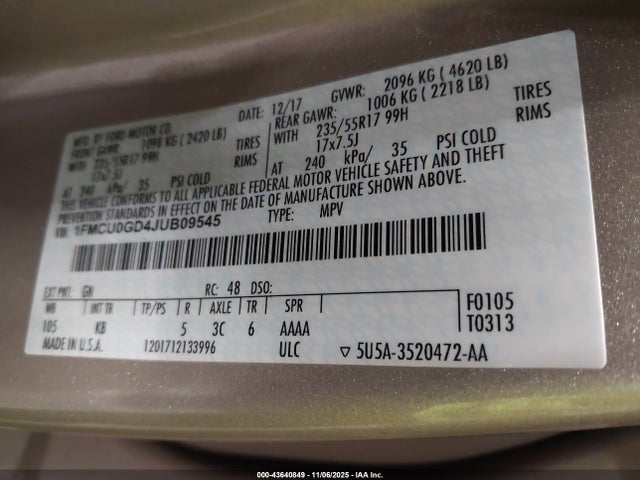 43640849 :رقم المزاد ، 1FMCU0GD4JUB09545 vin ، 2018 Ford Escape Se مزاد بيع
